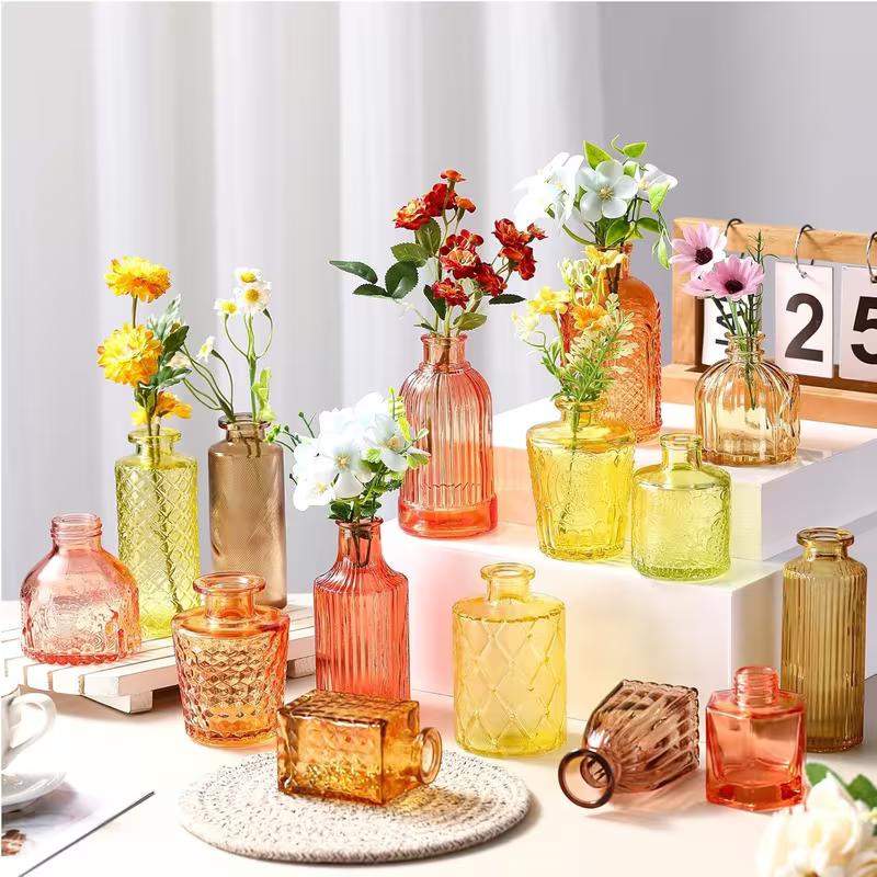 15pcs Orange/ Purple/ Green/ Blue/ Pink Colored Glass Vase Bulk Series Flower Bud Retro Simple Relief Home Wedding Table Decoration Gift, Suitable for Parties, Gatherings, Wedding Season