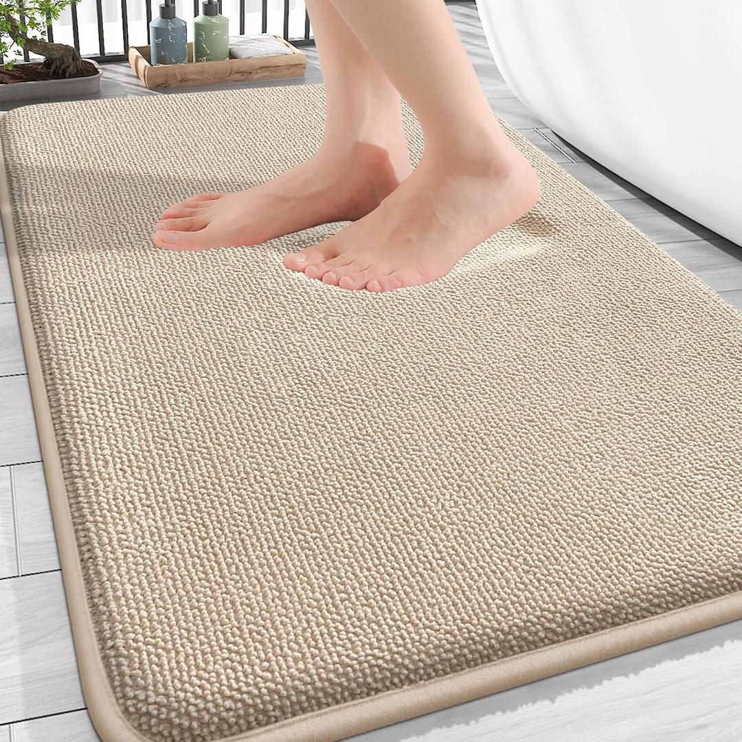 OLANLY Thick Memory Foam Bath Mat Rug 30x18, Extra Soft Absorbent Bathroom Rug, Quick Dry Bath Mats, Non-Slip, Machine Washable Carpet for Bathroom, Tub and Shower, Home Decor Accessories, Beige