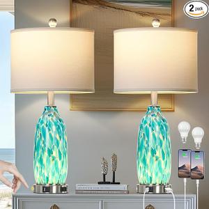 Rinweey 26" Peacock Green Glass Table Lamps Set of 2,Coastal Nautical Bedside Lamps with USB Ports & AC Outlet,Lamparas Elegantes para Cuarto with Night Light for Bedroom Living Room Decoration