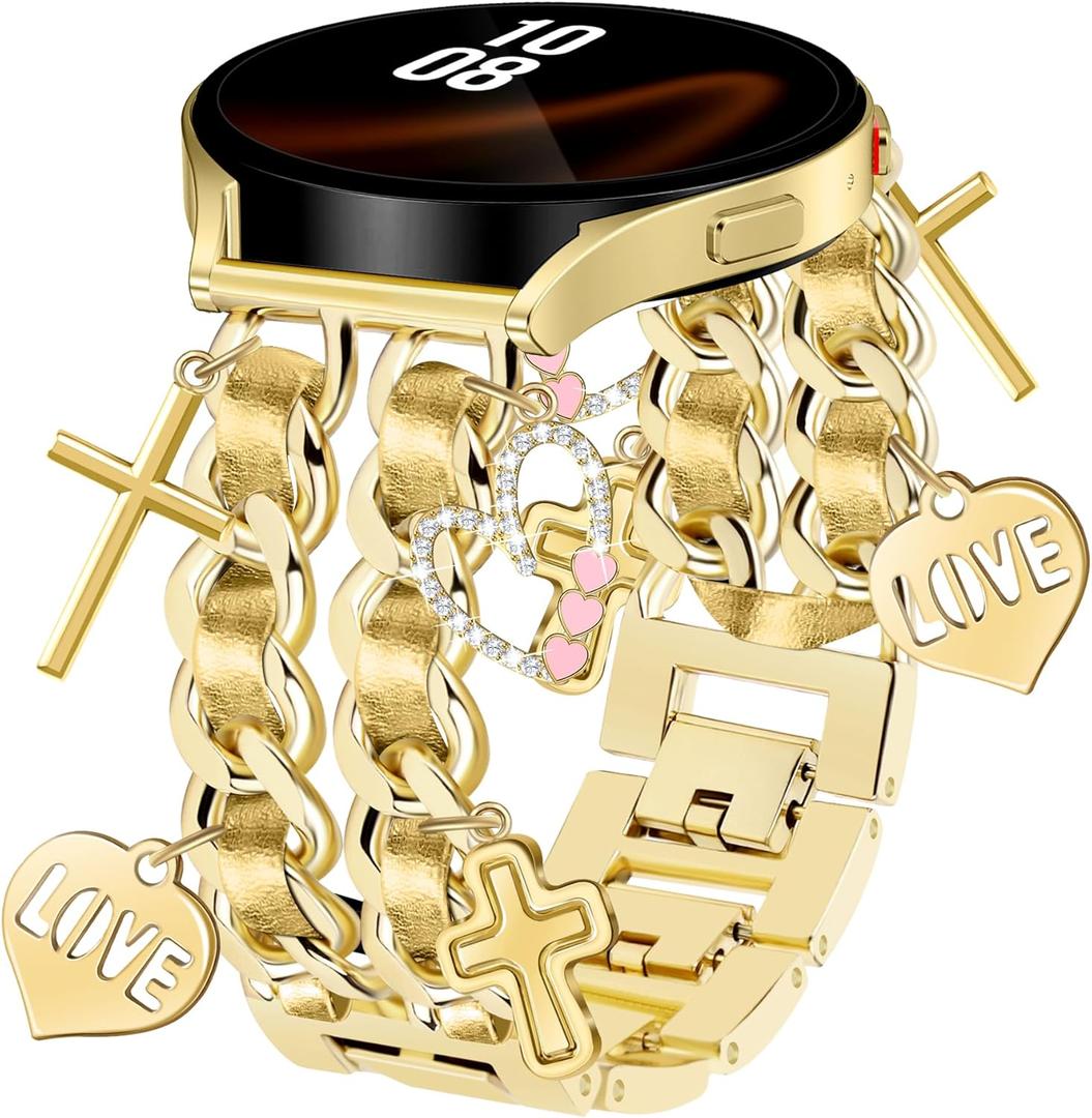 Newlibery Gold Metal Band with Charms Women 20mm Adjustable Double Chain Watch Strap Compatible with Samsung Galaxy Watch 7/6/5/4/Active 2/4 6 Classic/5 Pro/FE 40mm 42mm 43mm 44mm 45mm 46mm 47mm Gift