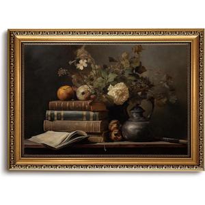 Vintage Gold Framed Wall Art - Vintage Floral Wall Art Moody Flower Book Canvas Prints Dark Academia Decor Cottagecore Aesthetic Pictures Painting Artwork for Living Room Bedroom 12x16in (Classical Style)