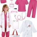 12 PCS Doctor Costume for Kids,Scrubs with Lab Coat/Nurse Costume Kids Set,Girls Boys Doctor Career Day Costumes (10-11 Years, Rose Red)