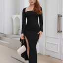 XXTAXN Womens Formal Bodycon Square Neck Long Sleeve Wedding Guest Party Slip Fitted Midi Dress (L)