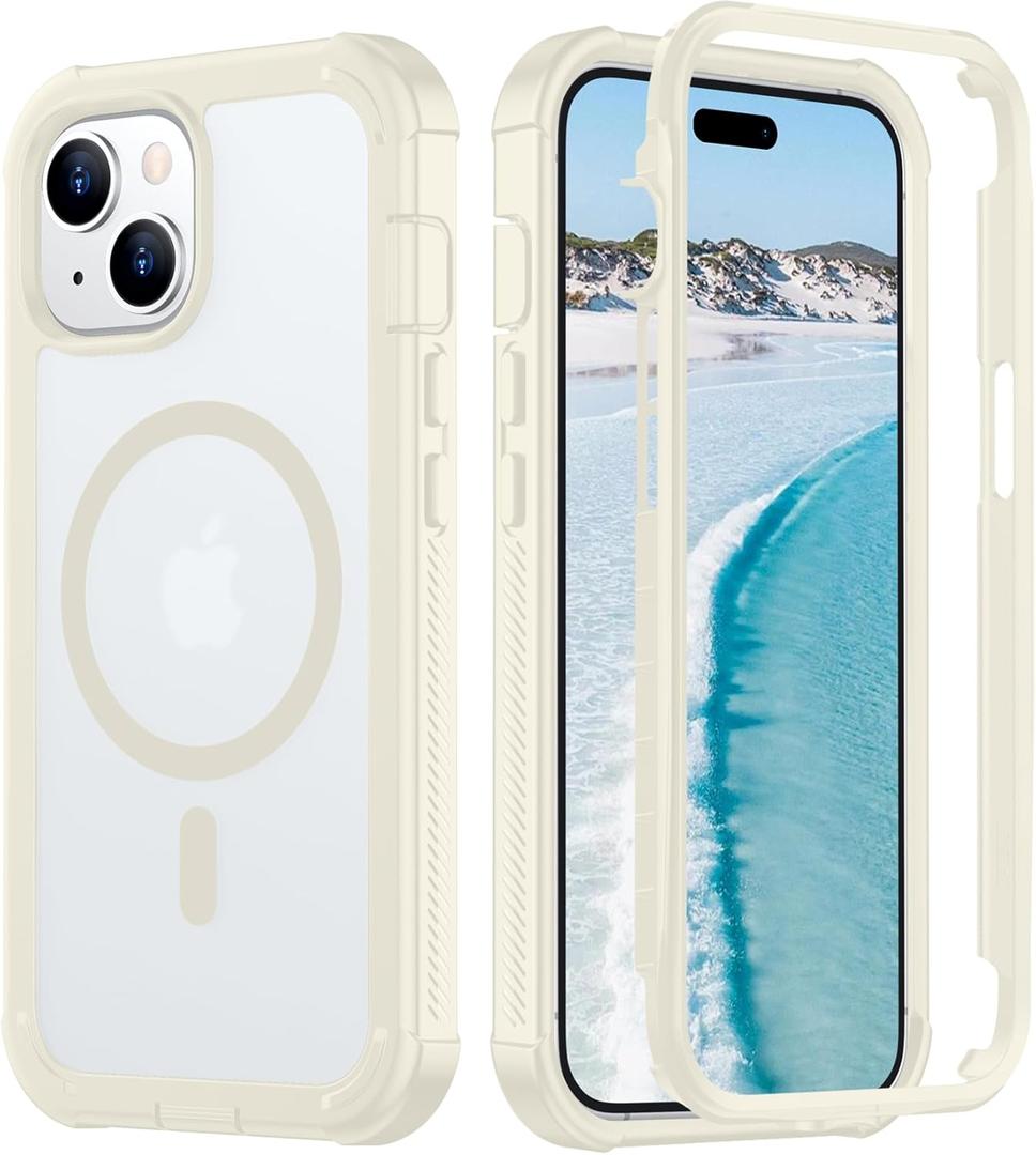 Red2Fire Magnetic for iPhone 15 Case, [Compatible with MagSafe][Military Grade Drop Protection][Heavy Duty Shockproof] Non-Slip Translucent Matte Bumper Phone Case for iPhone 15 6.1"-Antique White
