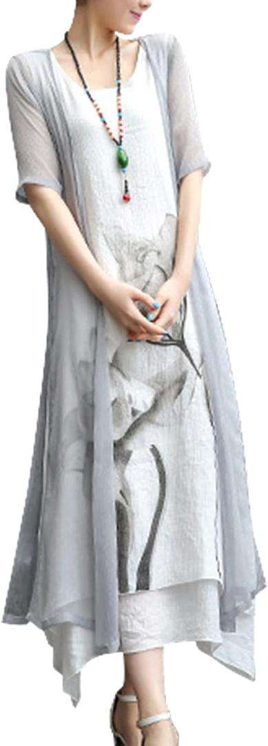 Honwenle Women's Linen Dress 2 Piece Outfit Floral Sleeveless Loose Maxi Summer Dresses with Jacket Formal Casual (3X-Large, Grey)