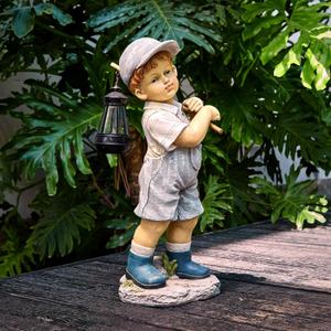 Solar Boy Statue, Boy Garden Statues with Solar Lantern for Garden, Patio, Lawn, Yard, Housewarming, Hand-Painted Sculpted Figure, 17.5H