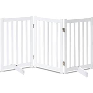 LZRS Freestanding Dog Gate 30 inch Tall - 3 Panels Solid Wooden Pet Gate for Doorways, Stairs & Hallways, Expandable & Foldable with Support FeetIndoor Use,White