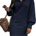 BTFBM Women Casual V Neck Knit Mini Fall Sweater Dresses Long Sleeve Loose Fit Solid Color Ribbed Pullover Jumper Sweaters (Large)