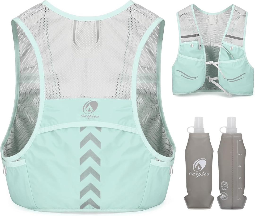 Lightweight Running Vest with 2pcs 500ml Water Bottle for Men Women, Reflective Water Vest Hydration Pack Hydropack for Hiking, M/L (M: 27.6" - 43.3", Green)