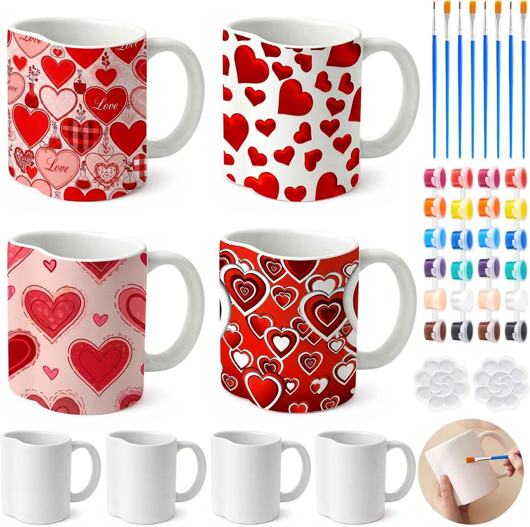 LOYIM Set of 4 Galentines Crafts for Adult Valentines Day Ceramic to Paint Color Your Own Heart Shaped Mugs DIY Painting Kit with Paints, Brushes, Palette for Valentines Couple Activity Art Decoration