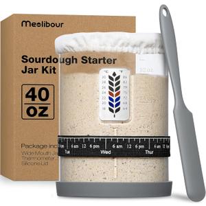 Premium Pro Sourdough Starter Jar Kit - 40oz Large Wide Mouth Sourdough Bread Jar with Marked Feeding Band, Thermometer, Scraper, Cloth Cover and Silicone Lid/Base, Glass Container, Baking Supplies