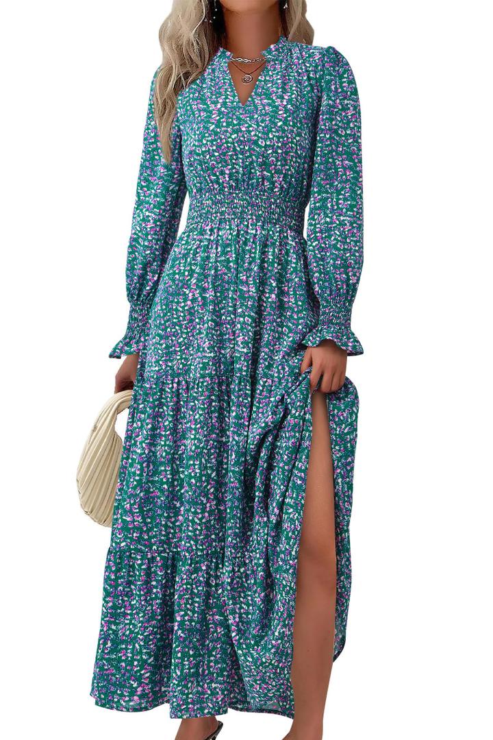 PRETTYGARDEN Women's Floral Maxi Dress 2025 Fall Long Sleeve V Neck Casual A Line Long Flowy Boho Party Dresses (Floral Purple Green, XX-Large)