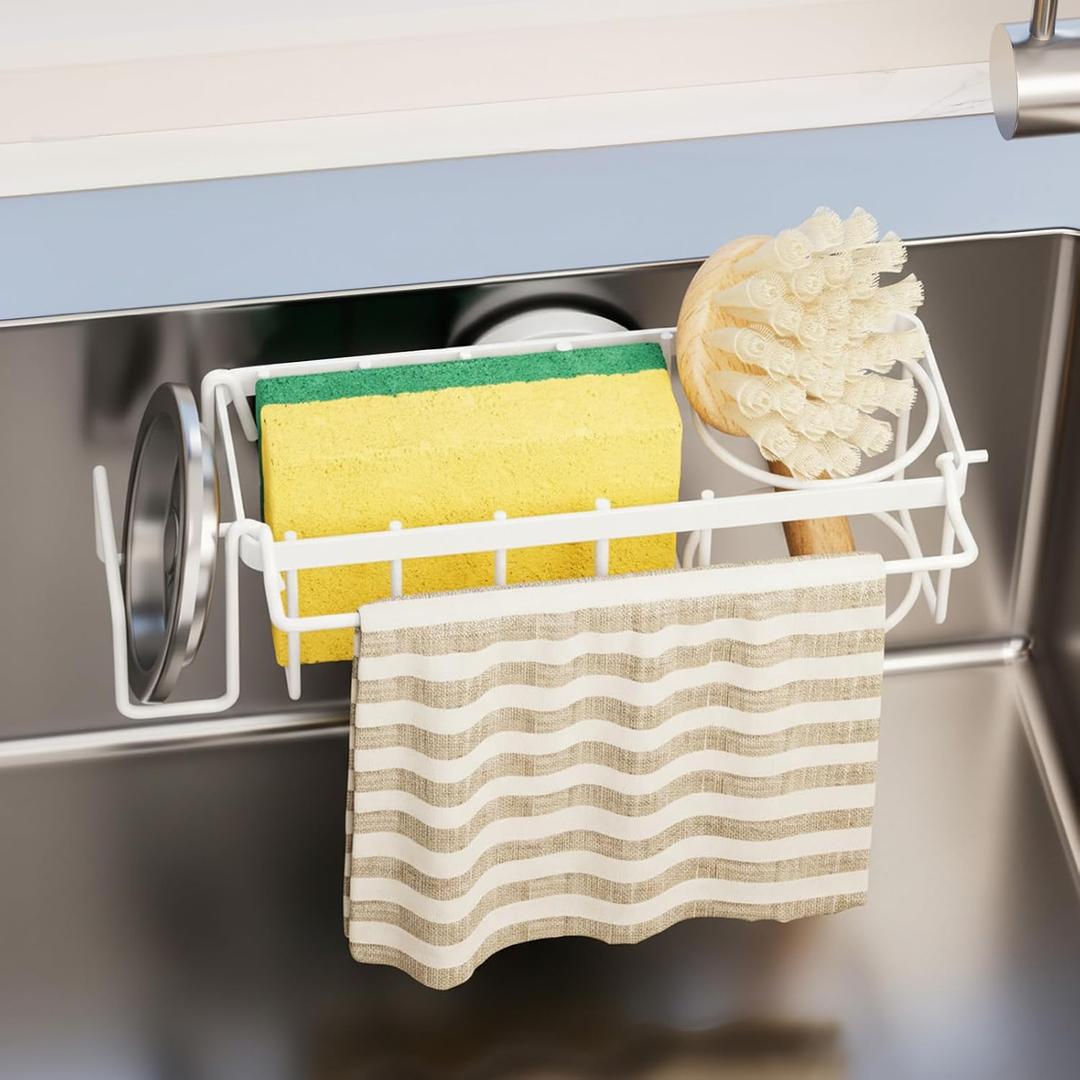 TAILI 4-in-1 Sponge Holder for Kitchen Sink with Strong Suction Cup Removable, Rustproof Stainless Steel Sink Caddy for Sponge, Brush, Scrubber, Scraper -White, 7.28" x 2.36"