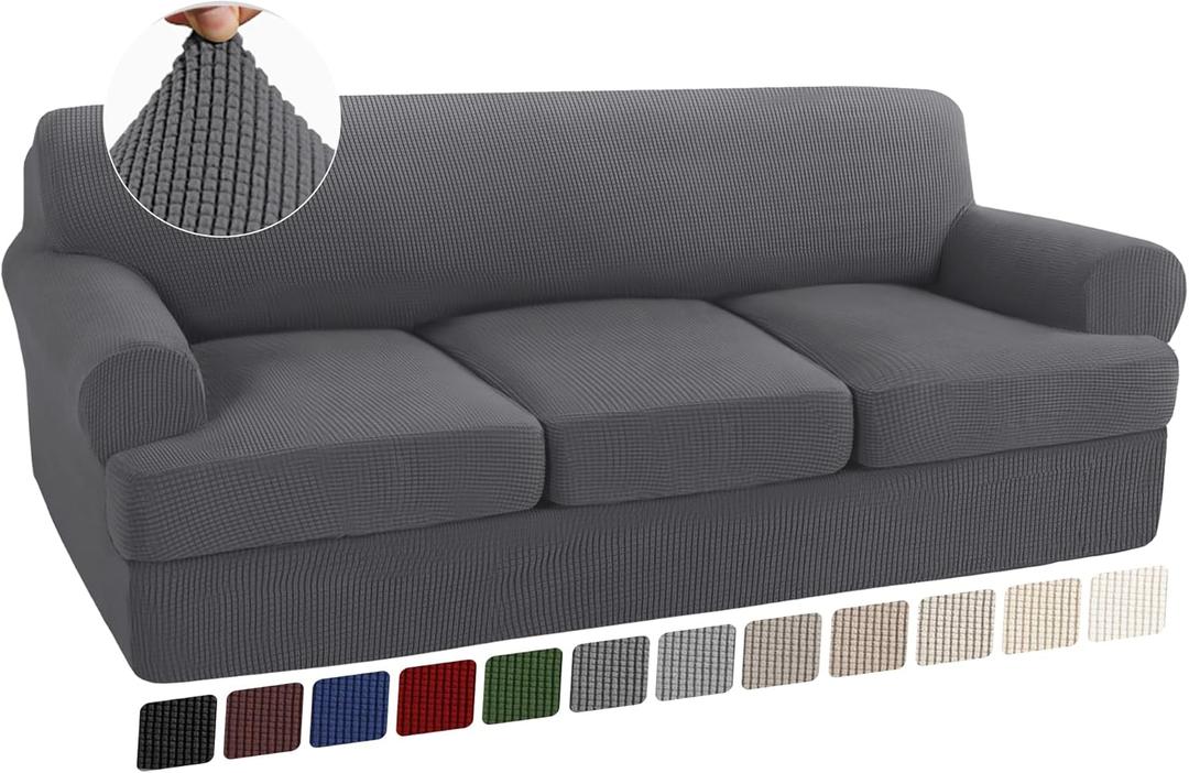 Turquoize 4 Piece T Cushion Sofa Slipcovers Stretch Couch Cover Furniture Covers with 3 Individual T Cushion Covers, Machine Washable (3 Cushion Sofa, Gray) (Grey)
