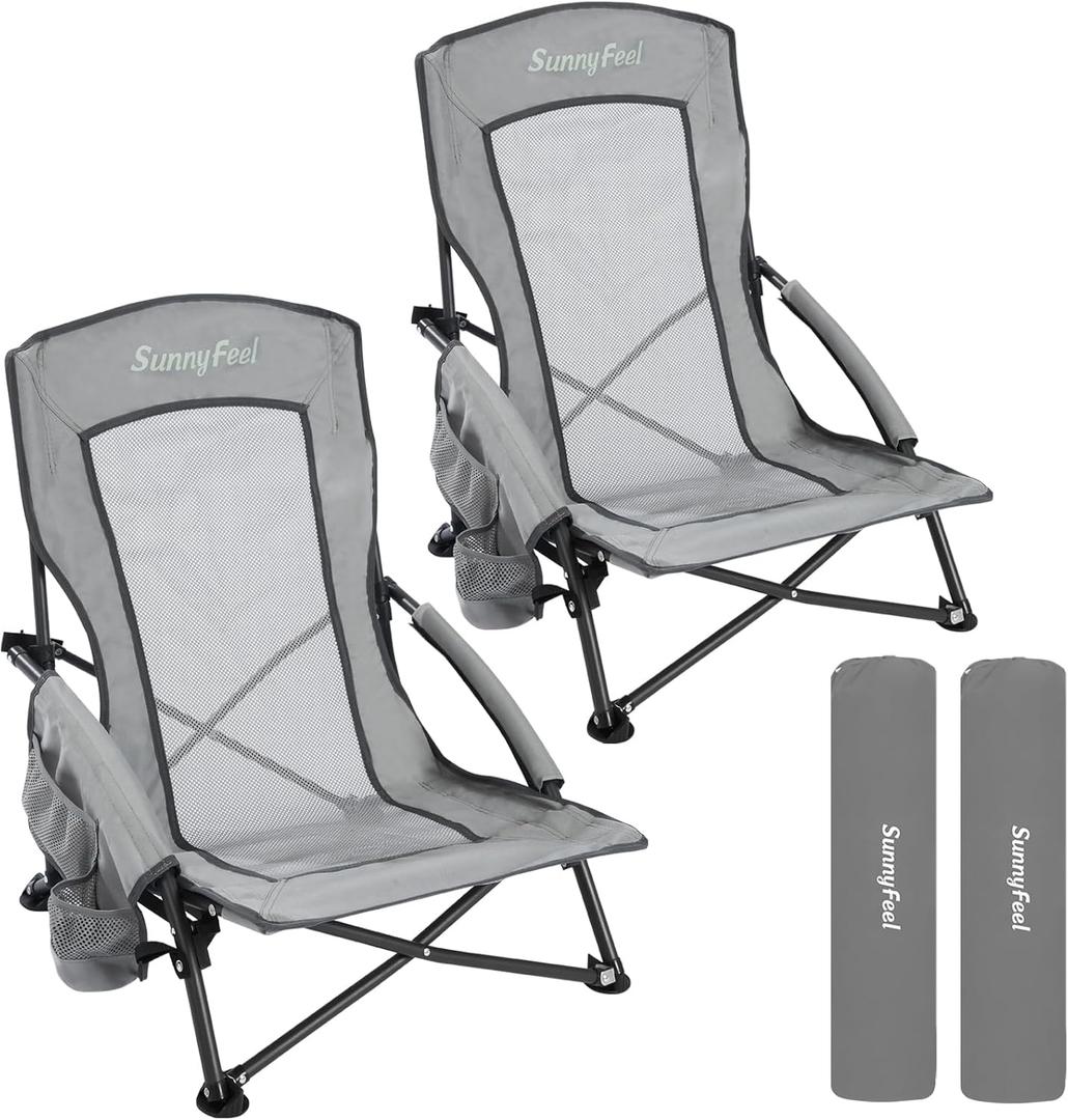 SUNNYFEEL Folding Low Camping Beach Chair 2 Pack, Lightweight Portable Lawn Chair with Mesh Back, Cup Holder for Outdoor/Travel/Picnic/Concert, Foldable Camp Backpack Chair with Carry Bag, 20D x 20W x 20H Inch