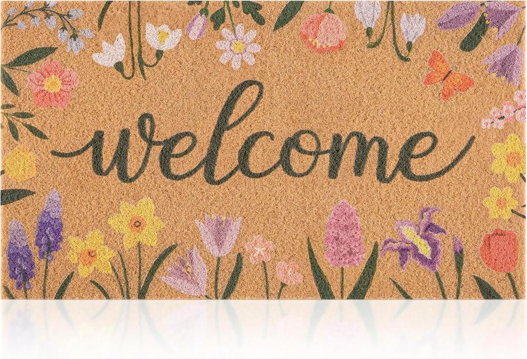 Spring Door Mat with Wildflowers Border, Outdoor Indoor Welcome Mat for Front Door, Spring Decor Floral Style for Porch, Patio or Entryway, 17" x 29.5" (Welcome)