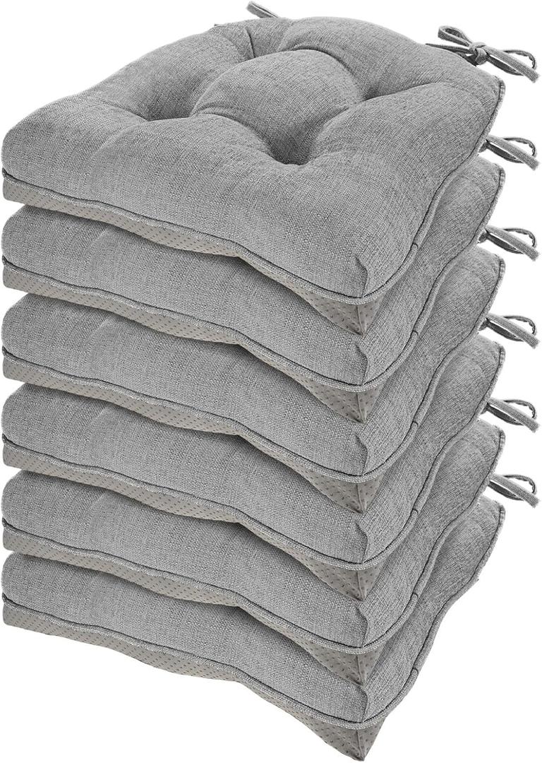 HARBOREST Chair Cushions for Dining Chairs Set of 4 - Chenille Tufted Kitchen Chair Cushions with Ties and Non-Slip Bottom, Foam Chair Pads for Dining Chairs, 17" x 17", Light Grey