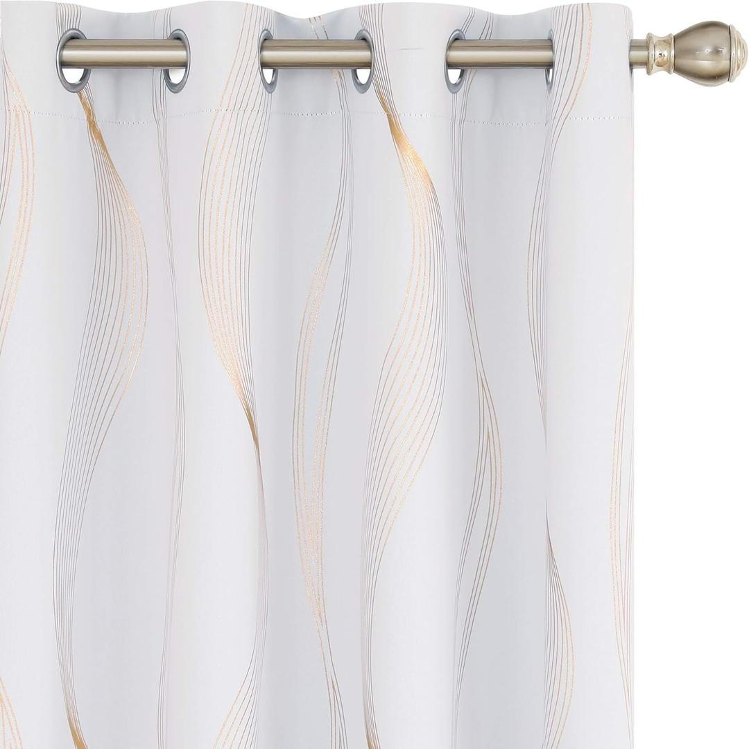 Deconovo Super Soft Silver Wave Line Foil Printed Thermal Insulated Window Treatment Eyelet Blackout Curtains for Nursery 52x84 Inch Silver Grey Gold Wave Line 2 Panels
