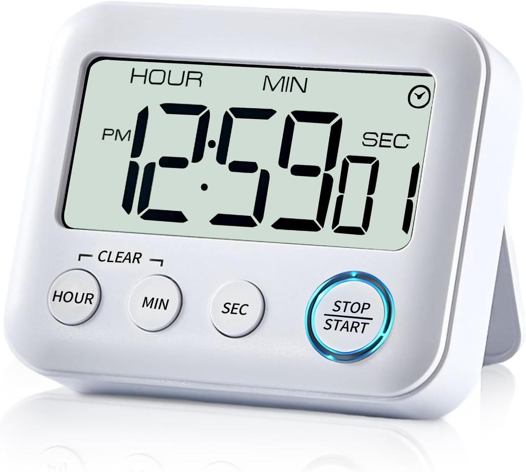Digital Kitchen Timer Alarm Clock for Cooking, Large LCD Display Multi-Function, Strong Magnetic with Loud Alarm, Digital Timer for Kids,Teachers,Classroom, Exercise or Work (White)