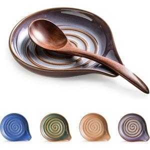 Spoon Rest, Ceramic Spoon Holder with Deep Drip Tray for Stove Top Utensils Holder for Countertop, with Handle for Easy Hold, Purple