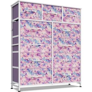 WLIVE Tall Dresser for Bedroom, 11 Drawer Chest of Drawers, Tie-dye Purple Print, 11.73"D x 35.63"W x 42.24"H