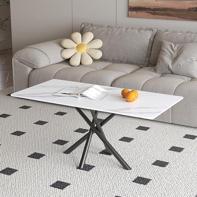White Marble Coffee Table,Rectangle Modern Table with Sintered Stone Top and Black Metal Legs, 40 Inch Center Table for Living Room Apartment