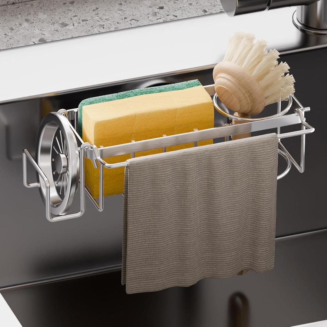 TAILI Sponge Holder with Strong Suction Cup, 4-in-1 Rustproof Sink Organizer - Sink Caddy Holds Sponges, Brushes, Stoppers & Scrapers -Silver (7.28" x 2.36")