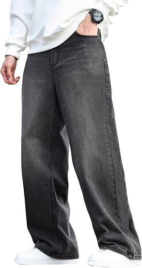 DFGIGT Mens Baggy Jeans Distressed Wide Leg Denim Pants Casual Loose Fit Trousers Streetwear , XXL Size, Black
