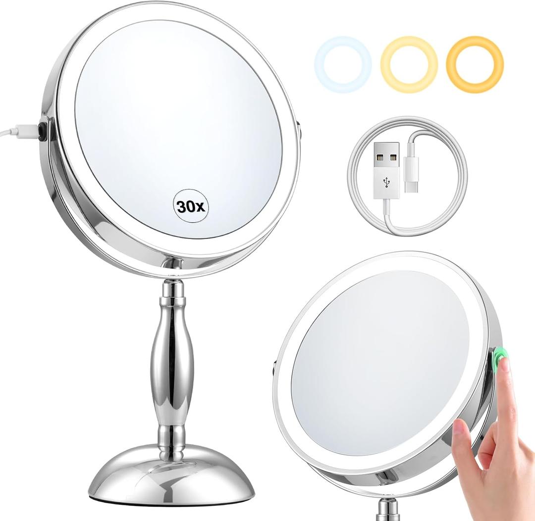 DASLAVA 30x Magnifying Mirror, Lighted Makeup Mirror with 3 Colors Modes & Adjustable Brightness, 5000mAh Rechargeable, 360 Rotation Double Side, Large Magnifying Vanity Mirror, Gifts for Women (Chrome)