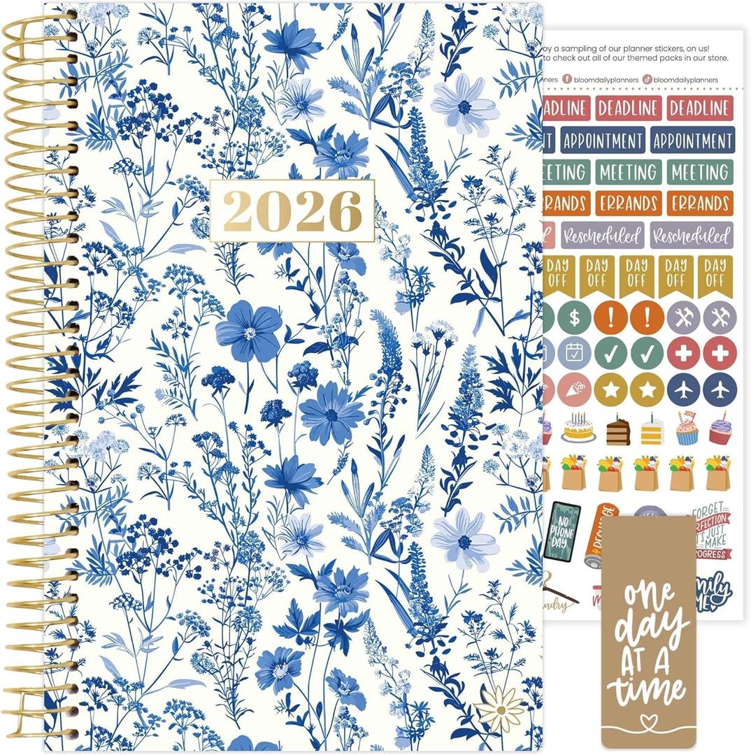 bloom daily planners 2026 Planner (January - December) Calendar Year Organizer - 5.5 x 8.25 - Weekly & Monthly Agenda Book with Stickers & Bookmark - Blue & White Floral