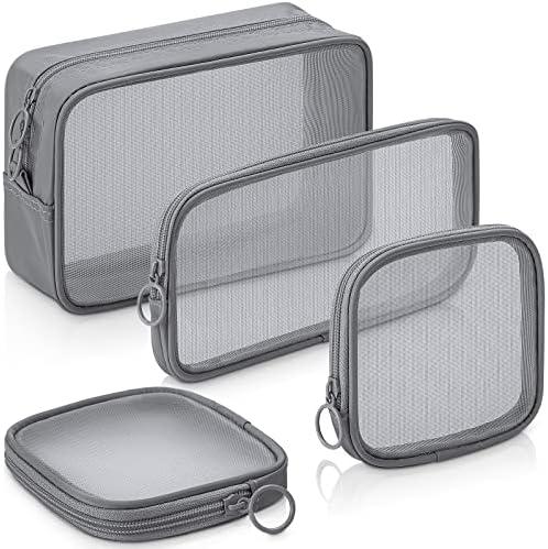 Weewooday 4 Pcs Mesh Makeup Bag Mesh Cosmetic Bag Travel Toiletry Pouch with Zipper Mini Makeup Cosmetic Purse for Daily Accessory(Small, Large, Medium,Gray)