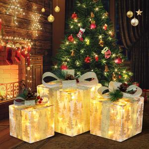 DomKom Set of 3 Nesting Christmas Lighted Gift Boxes - Indoor/Outdoor LED Present Decorations with Metal Frame, Silver Bows & Pinecone Accents - Pre-Lit Holiday Yard & Home Decor (Xmas Tree on Gauze)