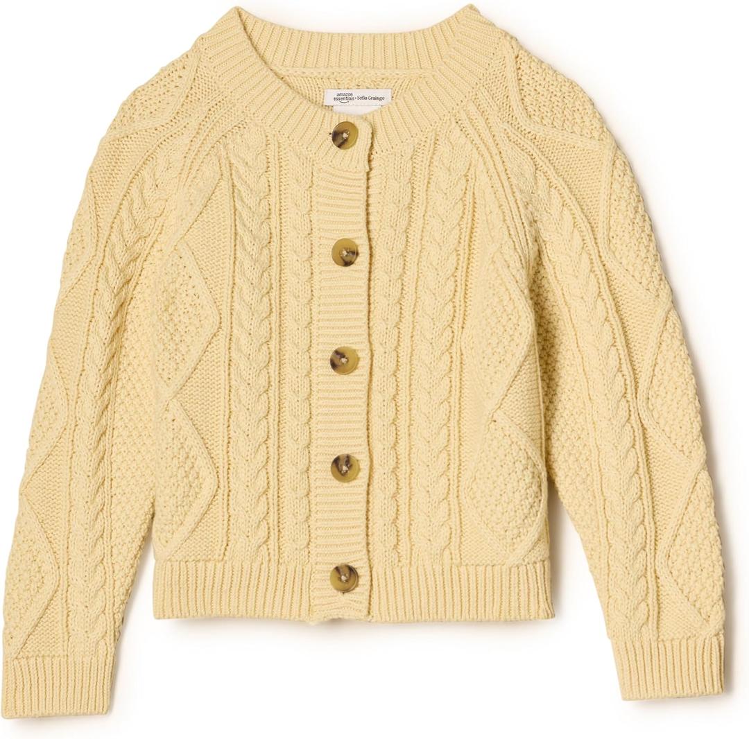 Amazon Essentials x Sofia Grainge Unisex Toddlers and Babies' Cable Knit Fisherman Cardigan Sweater (3-6 Months, Butter Yellow)