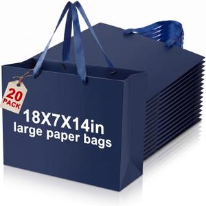 Fuyoooo 20 Pcs 18" x 7" x 14" Extra Large Gift Bags with Ribbon Handles, Reusable Heavy Duty Sturdy Kraft Paper Bags Bulk for Shopping, Retail, Grocery, Wedding Gifts, Party Favors (Navy Blue)