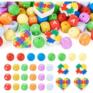 54Pcs Autism Awareness Silicone Bead Autism Cube Letter Rubber Beads Rainbow Heart Puzzle Silicone Beads for Pens Jewelry Making Keychain Lanyard DIY Crafts (Mix Sizes)
