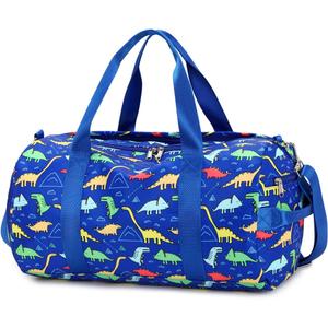 CAMTOP Kids Duffel Overnight Bag Boys Girls Toddler Weekender Carry-On Personalized Tote for Travel Gym Sport (Dinosaur-Dark Blue)
