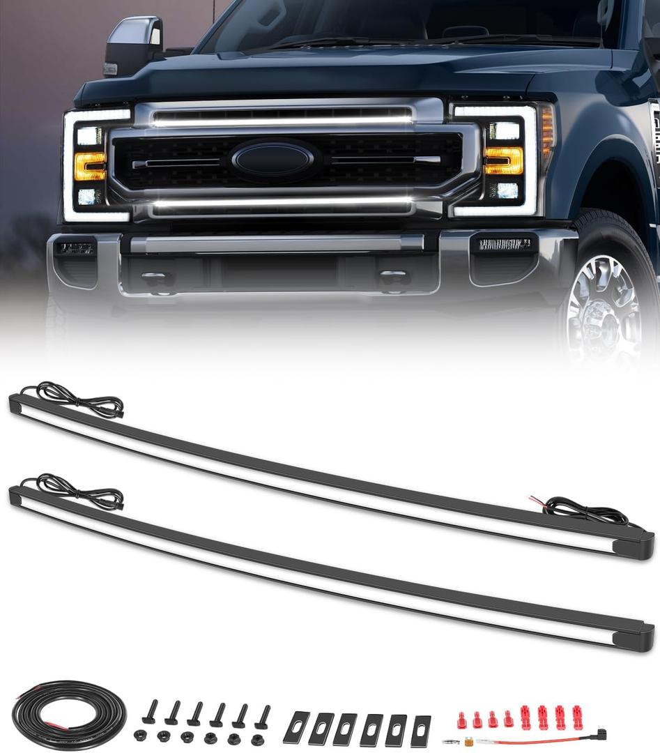OFFROADTOWN LED Grille Lights Compatible with 2017-2022 Ford Super Duty F-250 2PCS 37 Inch Curved LED Grille Light Bar Kit DRL Grill Accent Light Warning Light Front Grill LED Lights (White)