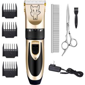 Dog Grooming Kit Clippers, Low Noise, Electric Quiet, Rechargeable, Cordless, Pet Hair Thick Coats Clippers Trimmers Set, Suitable for Dogs, Cats, and Other Pets (Gold)