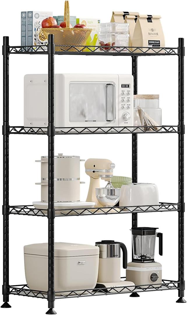 SUOERNUO 4 Shelf Storage Shelving Adjustable Standing Shelf Units Organizer Rack for Garage Kitchen Metal Heavy Duty Sheleves with Non-Slip Foot Mats 21.65 L x 11.81 W x 47.99 H, Black