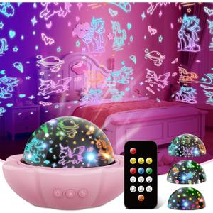MINGKIDS Unicorn Girl Toys Age 3-10,Night Light Projector- Multi Colors Rotating Remote, 3 Films and Auto Timer, Christmas Stocking Stuffers Birthday Gifts for 5-7 Year Old Girls (Pink)