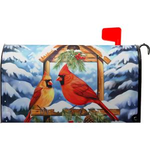 Winter Cardinal Birds Mailbox Cover - Magnetic Standard Size 21" X 18" Winter Red Bird Mailbox Decor for Outside Home (18x21 Inch style)