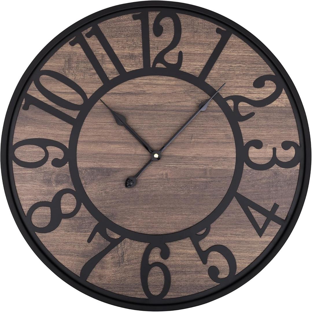 LEIKE Large Wall Clocks, Non-Ticking Silent, Battery Operated Small Round Modern Wood Wall Clock for Living Room, Bedroom, Kitchen, Farmhouse, Office Vintage Home Decor-13.5 Inch/34CM-Black-Arabic Number