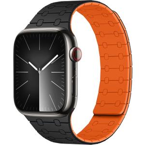 Amizee Magnetic Bands Compatible with Apple Watch Band 49mm 46mm 45mm 44mm 42mm 41mm 40mm 38mm Women Men, Sport Silicone Strap for iWatch Ultra 2 Series 10 9 8 7 6 SE 5 4 (42/41/40/38, Black Orange)
