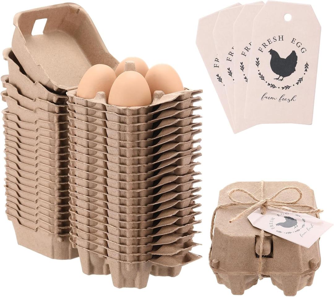 12 Pcs Half Dozen Egg Cartons Bulk Reusable Natural Pulp Paper Cardboard Egg Cartons with Labels Jute Ropes for Kitchen Easter Holiday Gifts Refrigeration Commercial Market Farm (4 Count)