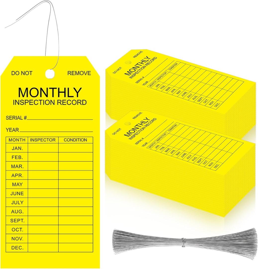 Sabary 200 Pack Fire Extinguisher Tags Monthly Inspection PVC-Plastic Maintenance Record Tags with Wires Yellow Labels for Fire Safety Inspections Ladder Indoor Outdoor Use 3.14" x 6.7"