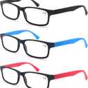 MODFANS Reading Glasses Men Women 2.0 Strength Readers Eyeglasses Square Matte Comfort Feel Spring Hinge 3 Pack Mix Color Black Red Blue