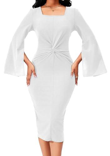 White Business Dress for Women Sexy Elegant Long Cloak Sleeve Waist Twist Cocktail Pencil Length Slit Dresses with Zipper (Large) 2 Pack