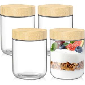 DRKIO 16 Oz Overnight Oats Containers with Bamboo Lids - 4 Pack Glass Storage Jars with Airtight Lids Wide Mouth Mason Food Jars Great for Meal Prep Salad Chia Pudding Snacks Yogurt Sugar Spice Cereal