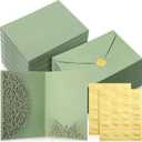 PerKoop 100 Set 5 x 7 Laser Cut Wedding Invitation with Envelopes and Wax Seal Stickers Blank Pocket Invitation Cards Kit for Wedding Bridal Shower Engagement Invite(Sage Green)
