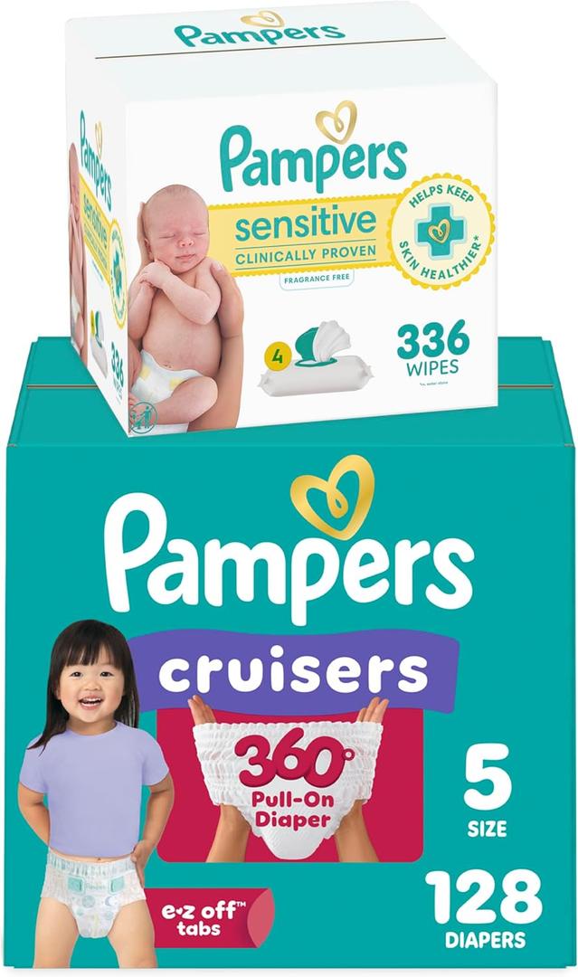 Diapers Size 5, 128 Count and Baby Wipes - Pampers Pull On Cruisers 360 Fit Baby Diapers with Stretchy Waistband, ONE MONTH SUPPLY with Sensitive Wipes, 6X Pop-Tops, 336 Count